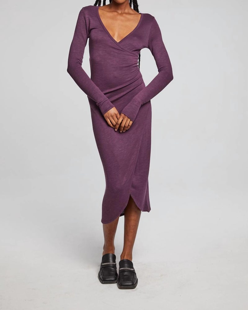 Front of a model wearing a size L Harmony Perfect Midi Dress In Plum in Plum by Chaser. | dia_product_style_image_id:342197
